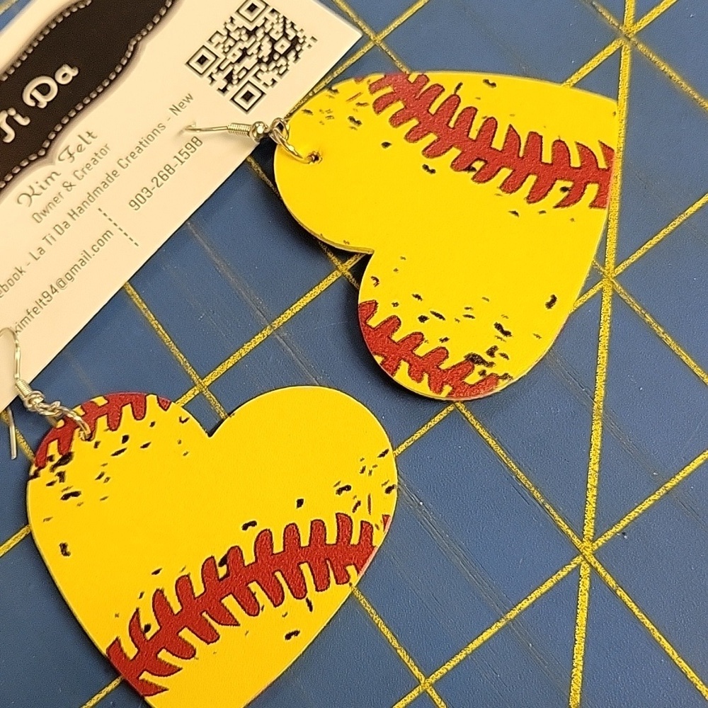 Softball Heart Yellow Red Pleather Earrings